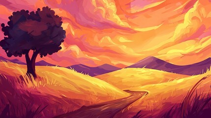 Poster -   Sunset painting with tree and path in the foreground