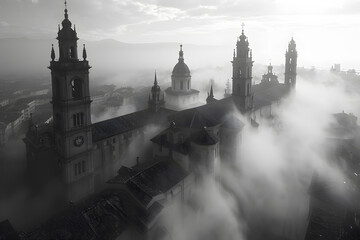 Poster - Foggy Cityscape in Black and White | Dramatic Monochrome View of Italian Urban Landscape