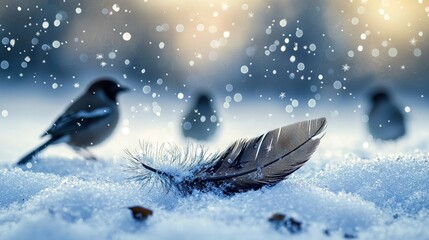   A flock of birds perched atop a mound of snow adjacent to a single feather resting atop another pile of snow