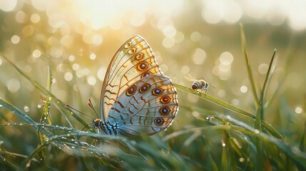 Wall Mural -   A clearer image shows a butterfly perched on a grass blade with dewy wings, amidst a sharp background