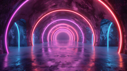 Abstract neon lights in digital technology tunnel. 3D render