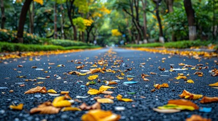 Wall Mural - Fallen Leaves on a Pathway Through a Forest