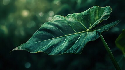 Canvas Print -   A large green leaf atop a lush field of green leaves in the background represents a forest brimming with numerous trees