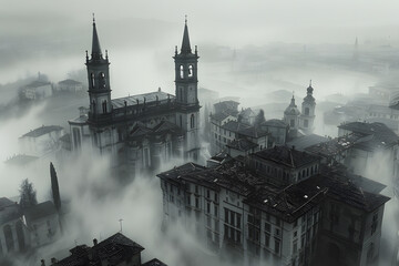 Poster - Foggy Cityscape in Black and White | Dramatic Monochrome View of Italian Urban Landscape