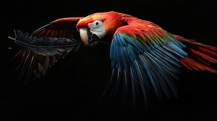 Canvas Print -   A bright parrot glides through the sky, spreading its wings wide and looking upwards