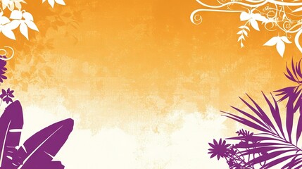 Canvas Print -   An orange-purple background with various flowers and a surfboard on the right side of the image