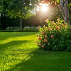 a beautiful, natural, green lawn, a shrub with flowers at the end, summer sunlight