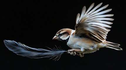 Poster -   A bird soaring through the sky, holding a feather in its beak while spreading its wings, against a dark backdrop