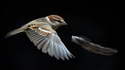 Poster -   A bird soaring through the sky with spread wings and a feather floating beside it