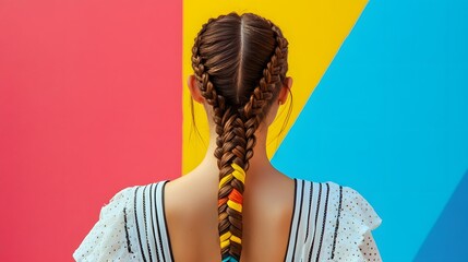 Back shot of brown-haired girl with zigzag parting and bright colorful kanekalons woven in classic braids. The lady is wearing white perforated dress with wide ruffle and black striped pattern. 