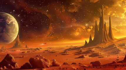 Wall Mural - a spaceship flies over an alien planet with a large moon in the background.