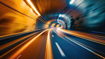 Wall Mural - Long exposure shot of a car driving through a tunnel at night. The car's headlights and taillights create streaks of light as it speeds through the tunnel.