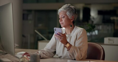 Poster - business, woman and smartphone at night in office with computer for task and project deadline. matur