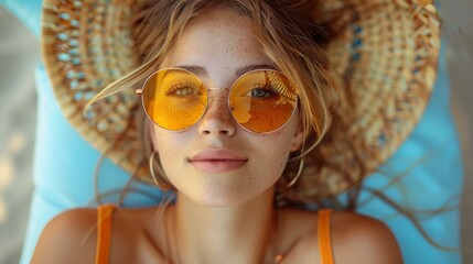 Canvas Print - Woman relaxing in a straw hat with sunglasses on a beach