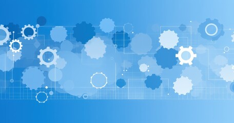 Abstract blue background with gears and circles, symbolizing technology and innovation.