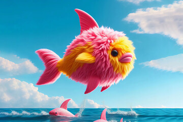 Stuffed tropical fish with pink and yellow curly faux fur floating above water. Three pink shark fins swimming below. Clear sky enhances vibrant, whimsical scene.