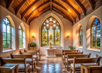 rustic white stucco chapel with elegant stained glass windows and intricate stone carvings under soft warm light with sense of peaceful reverence