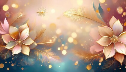 Wall Mural - romantic christmas background with gold, pink, feather, and romantic light and glitter