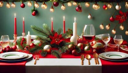 Poster - beautifully laid Christmas table with candles, plates and Christmas balls