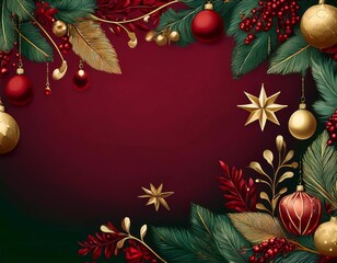 Poster - red Christmas background with Christmas balls, bows, Christmas tree, background for card or poster, festive motif