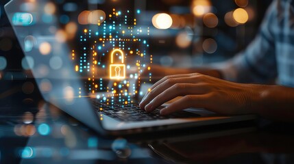 Poster - Hands typing on a laptop with a glowing padlock icon above the keyboard, representing digital security.