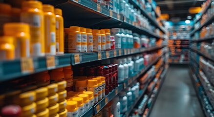 Blurred Shelves of Various Medical Products in a Pharmacy | Healthcare and Pharmaceutical Retail Environment