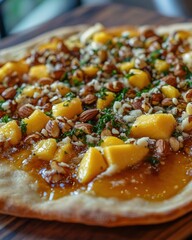 Wall Mural - Gourmet Pizza Topped with Fresh Mango and Nuts. Generative AI.