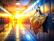 © kittipon - vibrant badge spotlight on dedicated highschool resource officer against blurred lockers morning light