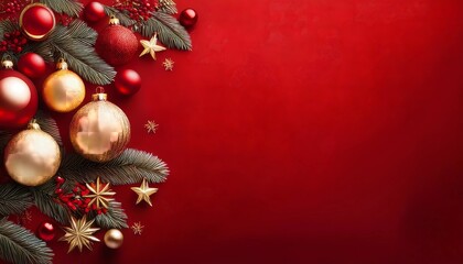 Poster - red Christmas background with red and golden Christmas balls as well as plants and decorations, plenty of space for text