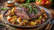© Danicha - Juicy slow-cooked beef shoulder roast with tender meat and crispy skin, served with roasted vegetables and garnished