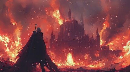 Fantasy Warrior Standing Before Burning Castle