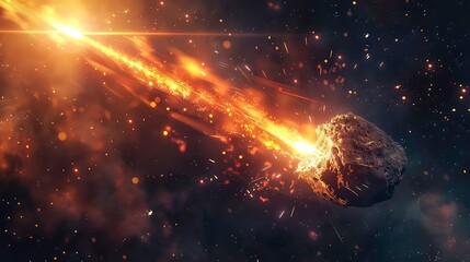 Wall Mural - a fiery asteroid hurtles through space leaving a glowing trail of debris behind it.
