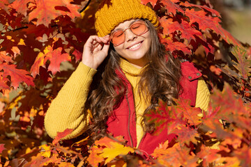 Poster - Child teen girl in autumn fall park outdoor, autumn fun kids face. cheerful teen kid in sunglasses at autumn leaves on natural background