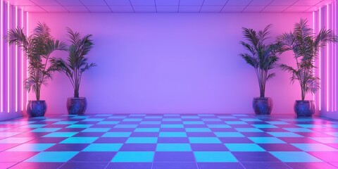 Wall Mural - Minimalist Room with Neon Lights and Palm Trees