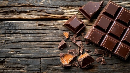 Dark Chocolate Pieces on Rustic Wooden Background