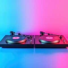 Two Turntables with Neon Lights  Vinyl Record Player  DJ Equipment