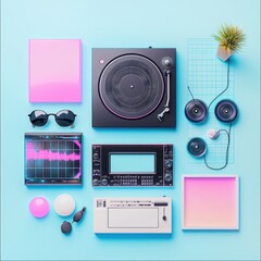 Poster - Retro Technology and Music Composition on Blue Background