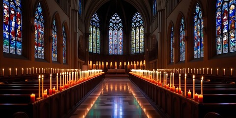 Candles in church with altar in background. Beautiful catholic or Lutheran cathedral with many lit candles as prayer or memory symbol. lights in Christian basilica and crucifix in background  