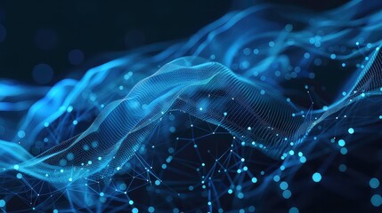 Poster - abstract blue glowing waves with connected dots on a dark background.