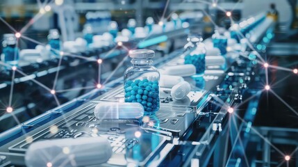 blue pills in a bottle on a conveyor belt in a modern pharmaceutical factory.