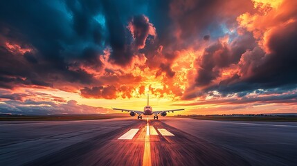 Rear view of commercial passenger plane or cargo transport plane after taking off from airport in the evening with sun and golden sunset and very beautiful landscape