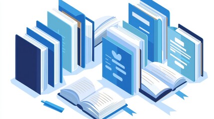 Poster - Open Book with Blue and White Color Scheme Isometric Illustration