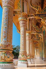 Canvas Print - Ornate Golden Pillars with Intricate Carvings in a Traditional Thai Temple