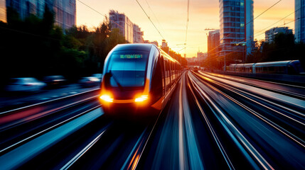 Poster - A dynamic shot of a modern train speeding through city tracks at sunset, showcasing urban transportation and vibrant colors.