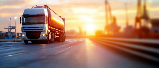 A fuel truck driving on a highway during a beautiful sunset, showcasing transportation and logistics in action.