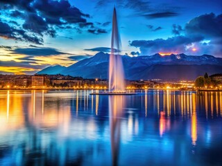 Vibrant evening city lights reflection on Lake Geneva's calm waters, Jet d'Eau fountain, picturesque Mont Blanc, cool blue tones, symmetrical composition, modern feel.