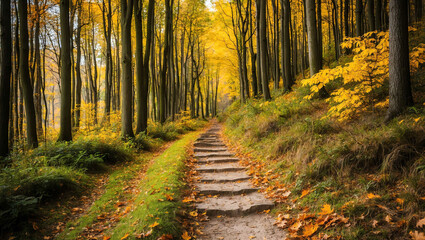 Wall Mural - Autumn forest trail background