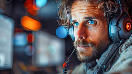 Poster - A call center operator with glasses and a headset, focused on communicating with a customer