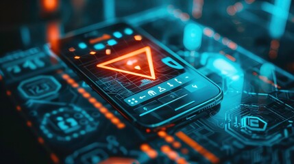 Poster - close-up of a smartphone with an orange triangular icon and a futuristic interface.
