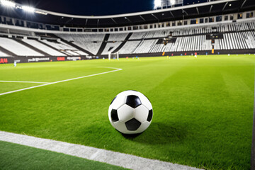 close-up of a soccer ball resting on the green grass of a brightly lit stadium, with blurred players and goalposts in the background, capturing a vibrant match atmosphere.